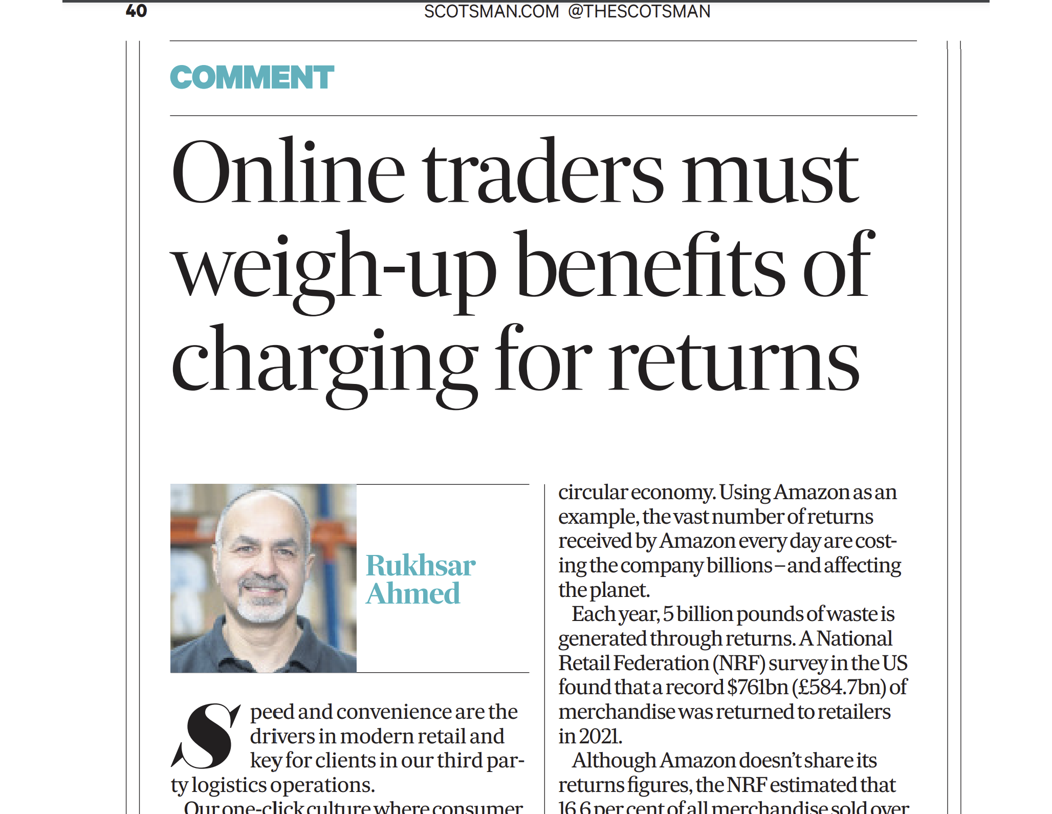 Scotsman Op-ed from our MD Rukhsar Ahmed about need to reduce returns